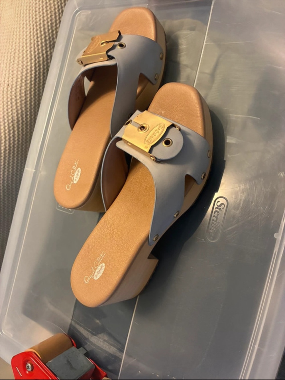 Dr. Scholl's Light Blue Slide Sandals with Gold Buckle